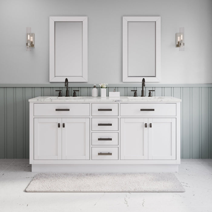 Water Creation Hartford 72" Double Sink Carrara White Marble Countertop Bath Vanity in Pure White with Gooseneck Faucet and Mirror S