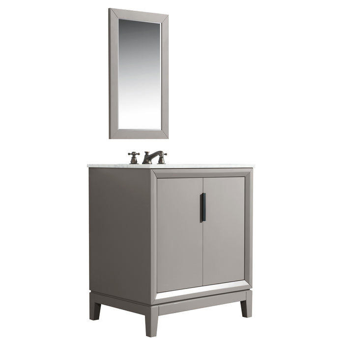 Water Creation Elizabeth Elizabeth 30-Inch Single Sink Carrara White Marble Vanity In Cashmere Grey With Matching Mirror s and F2-0009-03-BX Lavatory Faucet s EL30CW03CG-R21BX0903