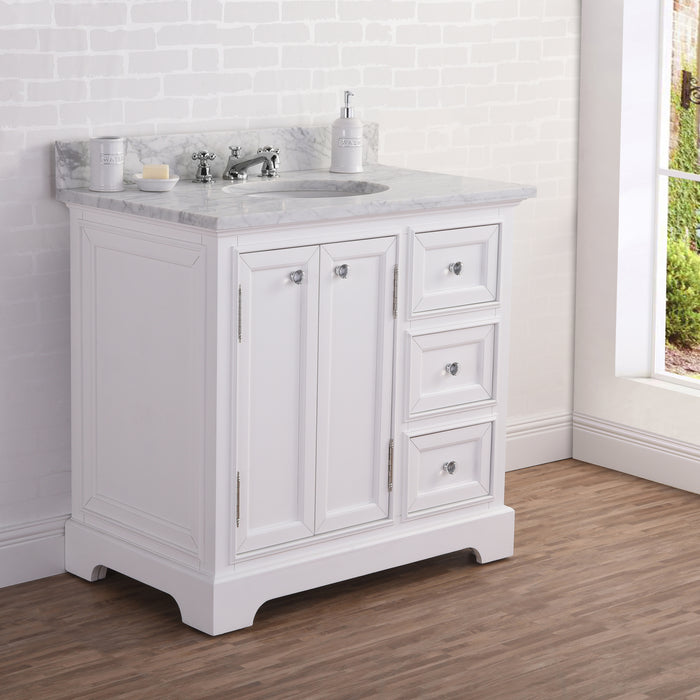 Water Creation Derby 36 Inch Wide Pure White Single Sink Carrara Marble Bathroom Vanity With Matching Mirror And Faucet s From The Derby Collection DE36CW01PW-B24BX0901