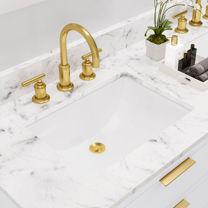 Water Creation Bristol Bristol 60 In. Double Sink Carrara White Marble Countertop Bath Vanity in Pure White with Satin Gold Gooseneck Faucets