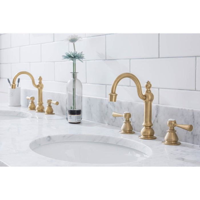 Water Creation Empire Empire 72 Inch Wide Double Wash Stand, P-Trap, Counter Top with Basin, F2-0012 Faucet and Mirror included in Satin Gold Finish EP72E-0612