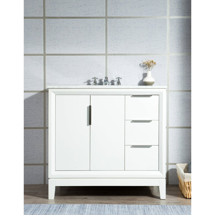 Water Creation Elizabeth Elizabeth 36-Inch Single Sink Carrara White Marble Vanity In Pure White With Matching Mirror s and F2-0009-01-BX Lavatory Faucet s EL36CW01PW-R21BX0901