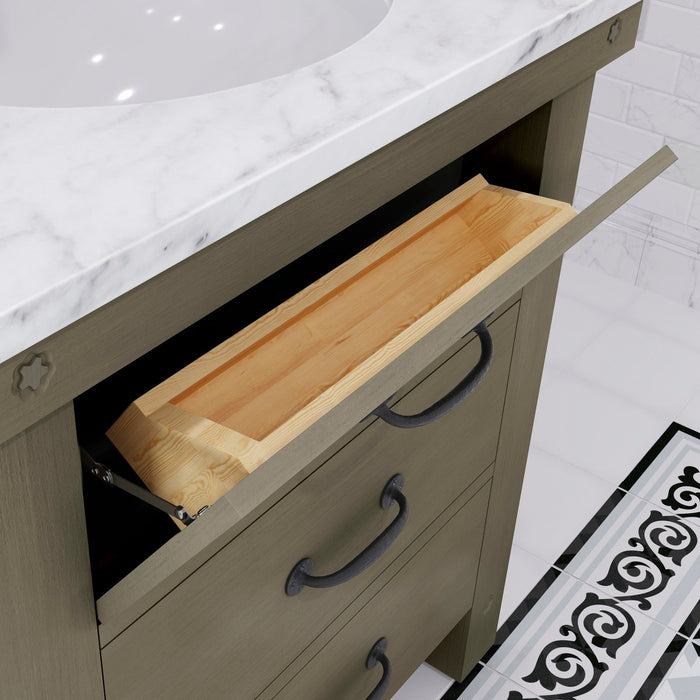 Water Creation Aberdeen 30 Inch Grizzle Grey Single Sink Bathroom Vanity With Mirror And Faucet With Carrara White Marble Counter Top From The ABERDEEN Collection AB30CW03GG-A24BX1203
