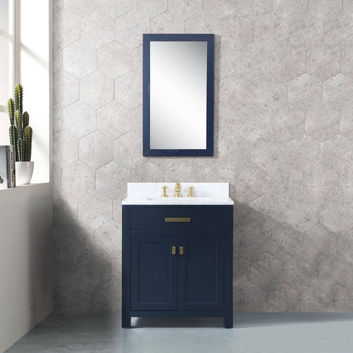 Water Creation Madison Madison 30-Inch Single Sink Carrara White Marble Vanity In Monarch Blue With Matching Mirror and F2-0013-06-FX Lavatory Faucet MS30CW06MB-R21FX1306