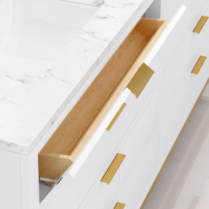 Water Creation Bristol Bristol 72 In. Double Sink Carrara White Marble Countertop Bath Vanity in Pure White with Satin Gold Hook Faucets