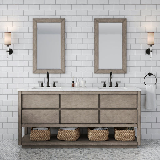 Water Creation Oakman 72" Double Sink Carrara White Marble Countertop Bath Vanity in Grey Oak with ORB Faucets and Mirrors