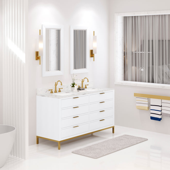 Water Creation Bristol Bristol 60 In. Double Sink Carrara White Marble Countertop Bath Vanity in Pure White with Satin Gold Hook Faucets and Rectangular Mirrors S