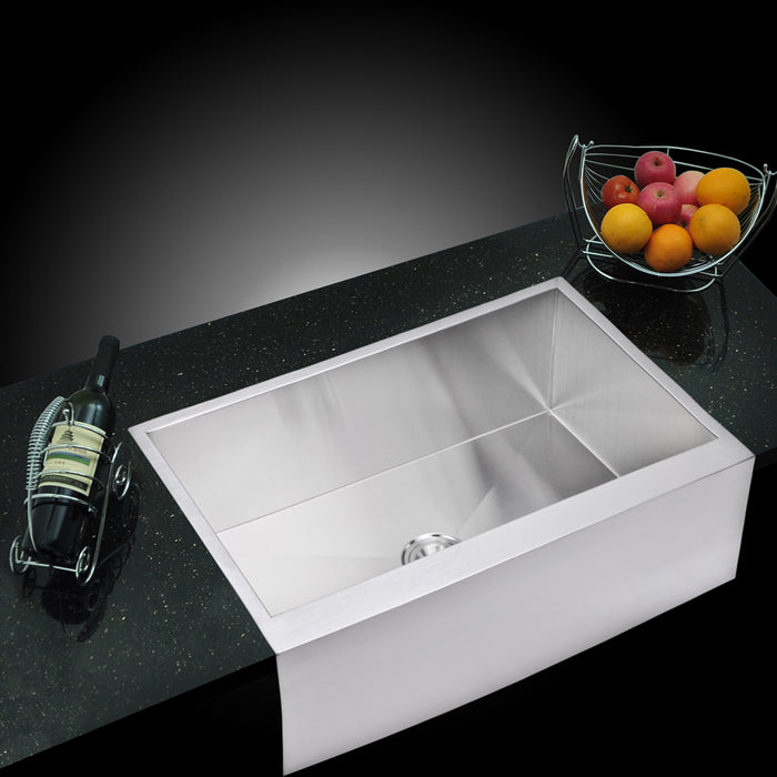 Water Creation 33 Inch X 21 Inch Zero Radius Single Bowl Stainless Steel Hand Made Apron Front Kitchen Sink With Drain, Strainer, And Bottom Grid SSSG-AS-3321A-16