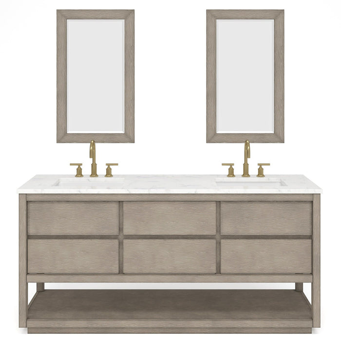 Water Creation Oakman Oakman 72 In. Double Sink Carrara White Marble Countertop Bath Vanity in Grey Oak with Gold Faucets and Rectangular Mirrors OA72CW00GK-R21BL1406