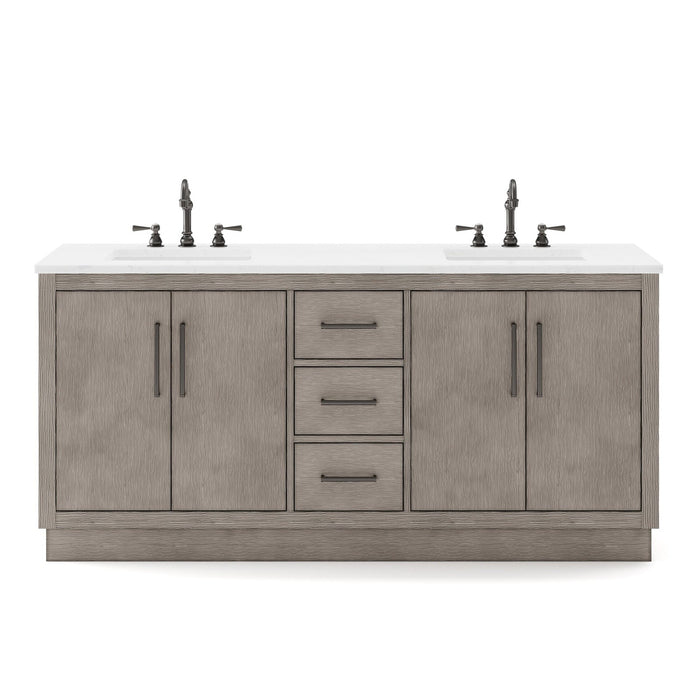 Water Creation Hugo 72" Double Sink Carrara White Marble Countertop Vanity in Grey Oak