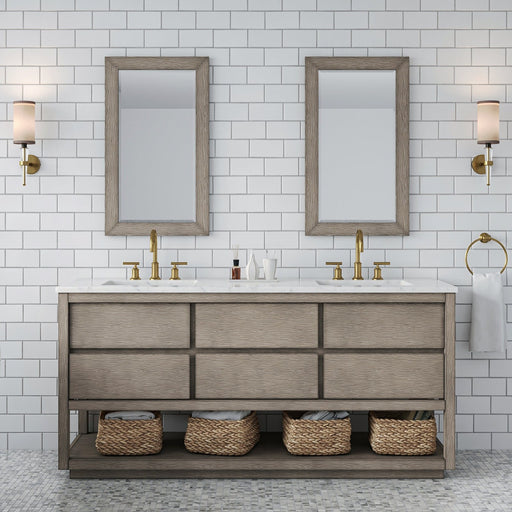 Water Creation Oakman Oakman 72 In. Double Sink Carrara White Marble Countertop Bath Vanity in Grey Oak with Gold Faucets and Rectangular Mirrors OA72CW00GK-R21BL1406