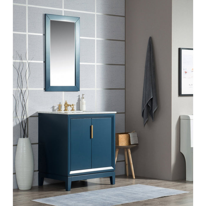 Water Creation Elizabeth Elizabeth 30-Inch Single Sink Carrara White Marble Vanity In Monarch Blue With Matching Mirror s and F2-0013-06-FX Lavatory Faucet s EL30CW06MB-R21FX1306