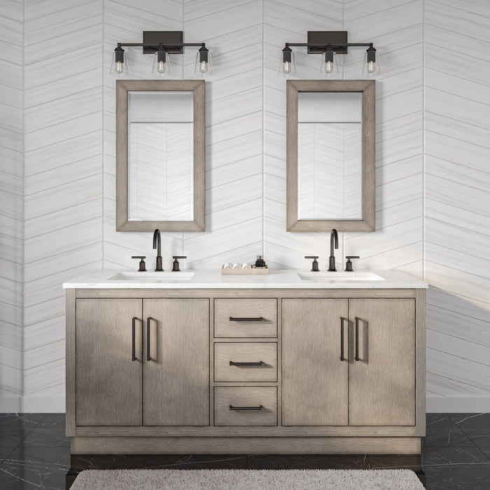 Water Creation Hugo 72" Double Sink Carrara White Marble Countertop Vanity in Grey Oak with Gooseneck Faucets