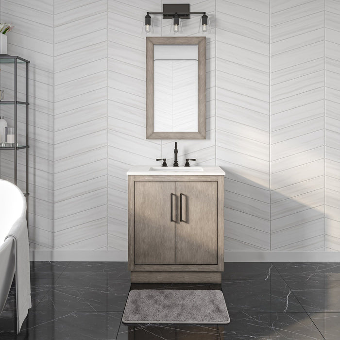 Water Creation Hugo 30" Single Sink Carrara White Marble Countertop Vanity in Grey Oak with Mirror