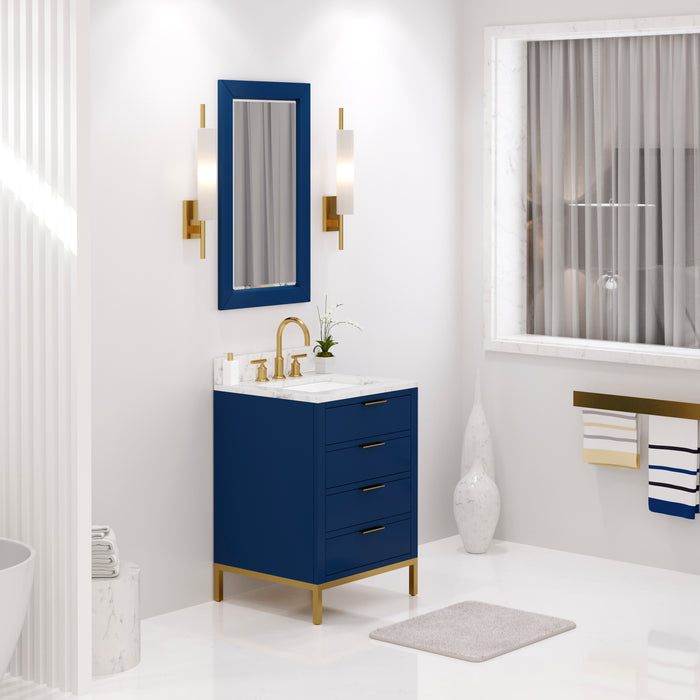 Water Creation Bristol Bristol 24 In. Single Sink Carrara White Marble Countertop Bath Vanity in Monarch Blue with Satin Gold Gooseneck Faucet and Rectangular Mirror