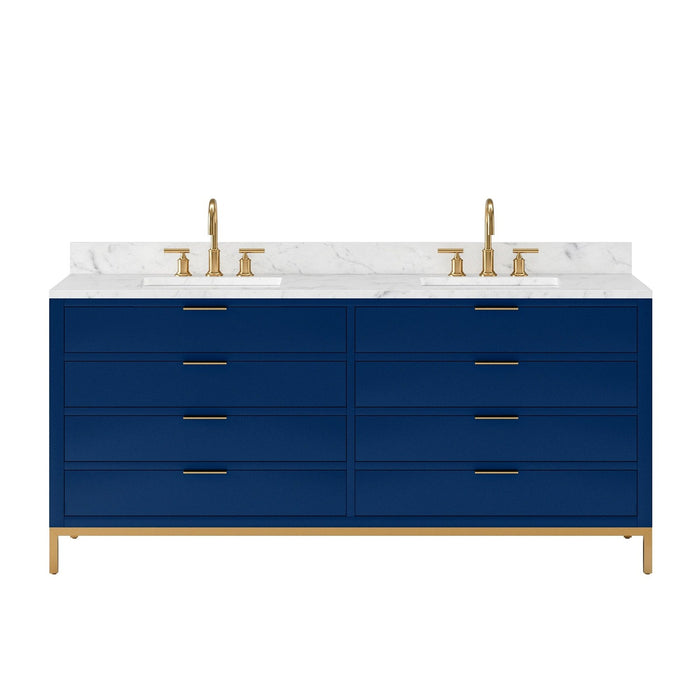 Water Creation Bristol Bristol 72 In. Double Sink Carrara White Marble Countertop Bath Vanity in Monarch Blue with Satin Gold Gooseneck Faucets