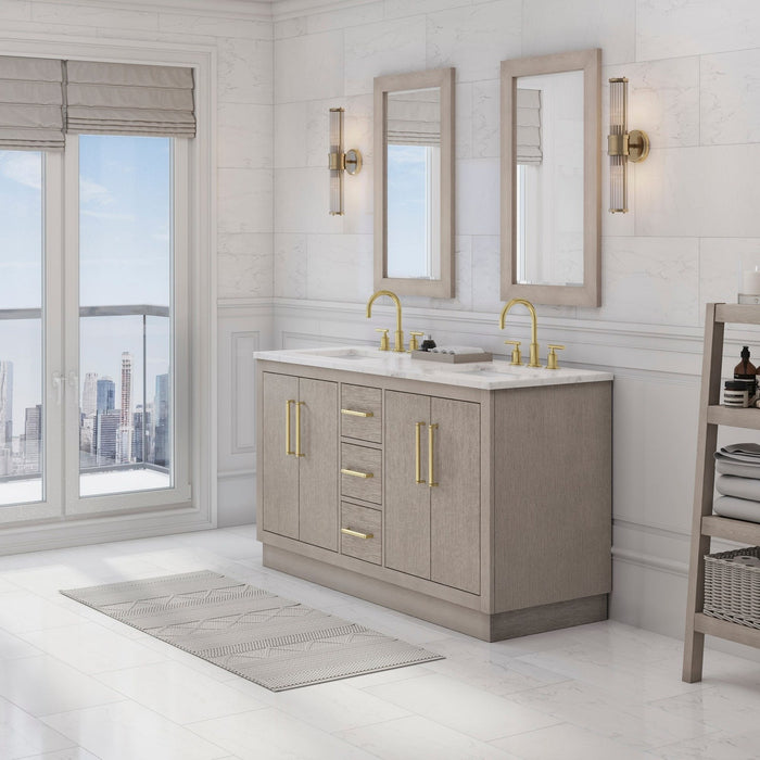 Water Creation Hugo 60" Double Sink Carrara White Marble Countertop Vanity in Grey Oak with Gooseneck Faucets and Mirrors
