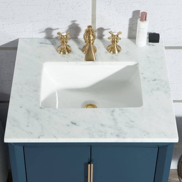 Water Creation Elizabeth Elizabeth 24-Inch Single Sink Carrara White Marble Vanity In Monarch Blue With Matching Mirror s and F2-0013-06-FX Lavatory Faucet s EL24CW06MB-R21FX1306