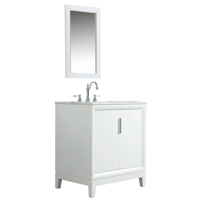 Water Creation Elizabeth Elizabeth 30-Inch Single Sink Carrara White Marble Vanity In Pure White With Matching Mirror s and F2-0012-01-TL Lavatory Faucet s EL30CW01PW-R21TL1201