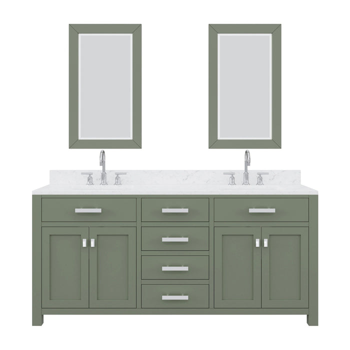 Water Creation Madison 72" Double Sink Carrara White Marble Countertop Vanity in Glacial Green with Gooseneck Faucet and Mirror