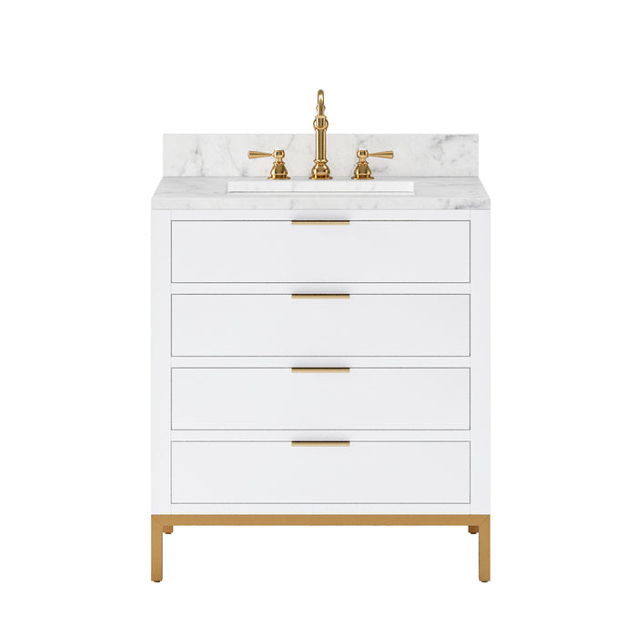 Water Creation Bristol Bristol 30 In. Single Sink Carrara White Marble Countertop Bath Vanity in Pure White with Satin Gold Hook Faucet