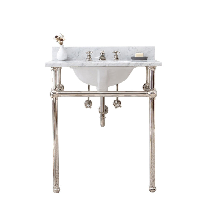 Water Creation Embassy Embassy 30 Inch Wide Single Wash Stand, P-Trap, Counter Top with Basin, and F2-0009 Faucet included in Polished Nickel PVD Finish EB30D-0509