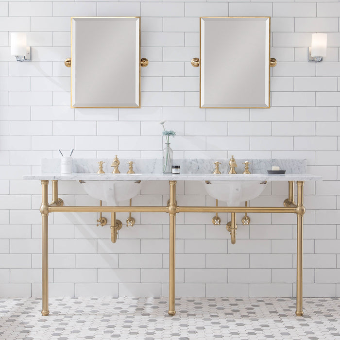 Water Creation Embassy Embassy 72 Inch Wide Double Wash Stand, P-Trap, Counter Top with Basin, F2-0013 Faucet and Mirror included in Satin Gold Finish EB72E-0613