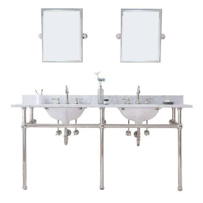Water Creation Embassy Embassy 72 Inch Wide Double Wash Stand, P-Trap, Counter Top with Basin, F2-0012 Faucet and Mirror included in Polished Nickel PVD Finish EB72E-0512