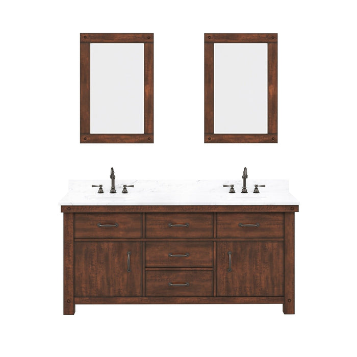 Water Creation Aberdeen Aberdeen 72 In. Double Sink Carrara White Marble Countertop Vanity in Rustic Sierra with Hook Faucets and Mirrors