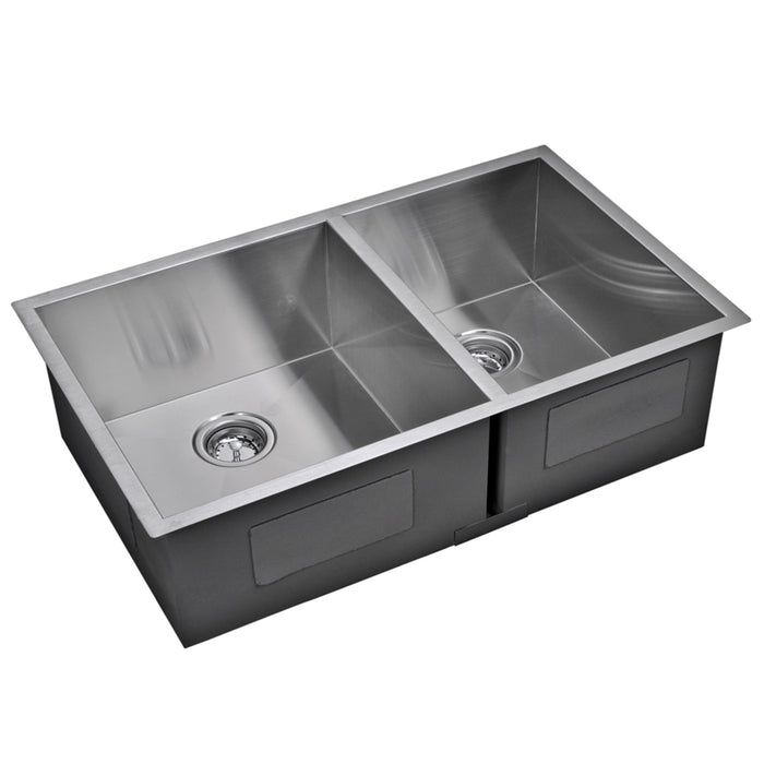 Water Creation 33 Inch X 20 Inch Zero Radius 60/40 Double Bowl Stainless Steel Hand Made Undermount Kitchen Sink With Drains, Strainers, And Bottom Grids SSSG-UD-3320A-16