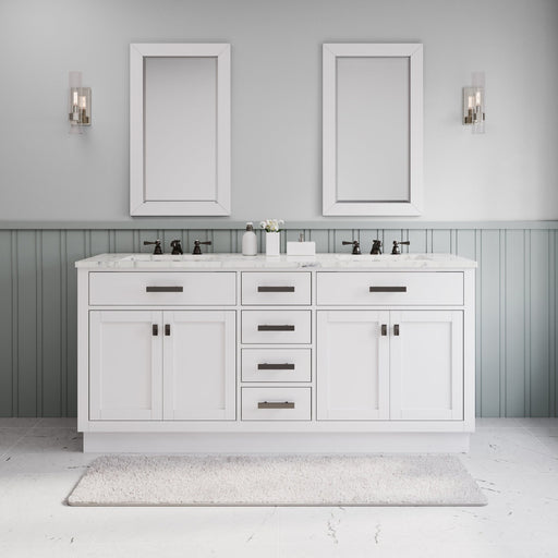 Water Creation Hartford 72" Double Sink Carrara White Marble Countertop Bath Vanity in Pure White with Mirror S