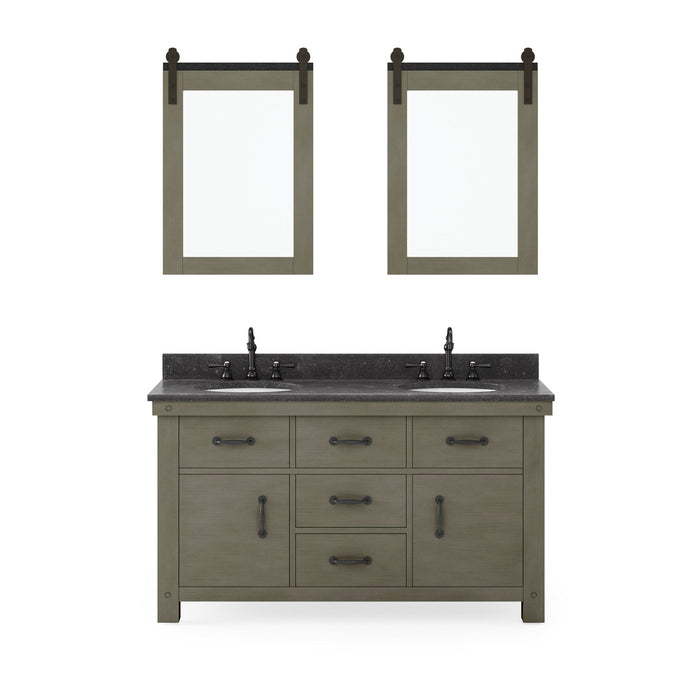 Water Creation Aberdeen Aberdeen 60 In. Double Sink Blue Limestone Countertop Vanity in Grizzle Gray with Hook Faucets and Mirrors