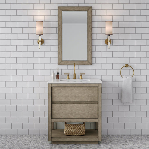 Water Creation Oakman 30" Single Sink Carrara White Marble Countertop Bath Vanity in Grey Oak with Gold Faucets and Rectangular Mirrors