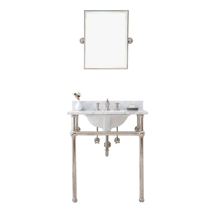 Water Creation Embassy Embassy 30 Inch Wide Single Wash Stand, P-Trap, Counter Top with Basin, F2-0013 Faucet and Mirror included in Polished Nickel PVD Finish EB30E-0513