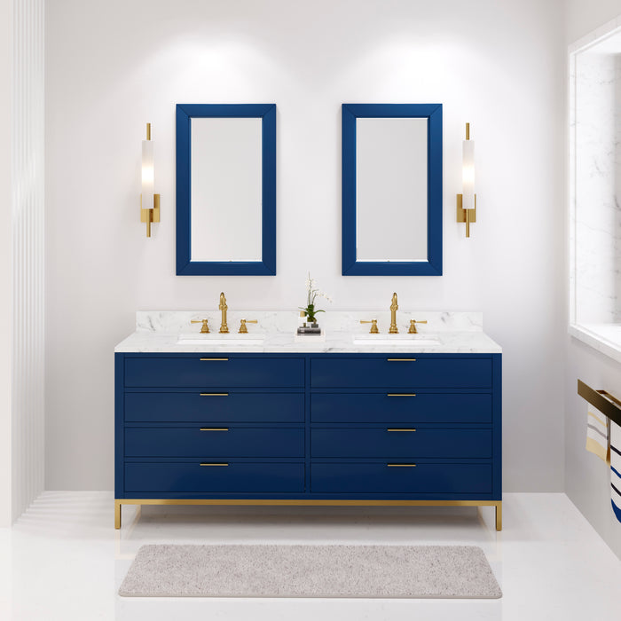 Water Creation Bristol Bristol 72 In. Double Sink Carrara White Marble Countertop Bath Vanity in Monarch Blue with Satin Gold Hook Faucets