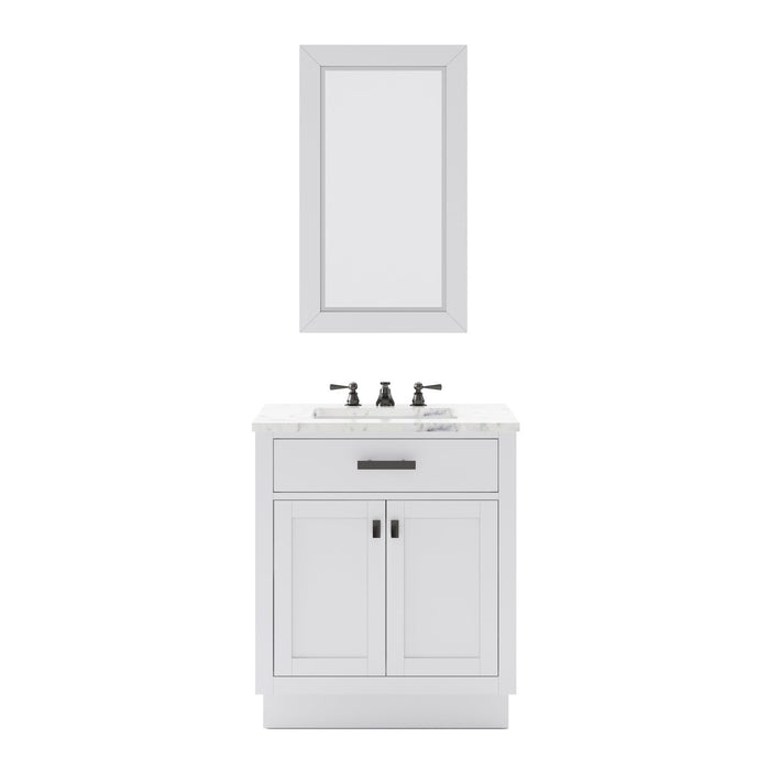 Water Creation Hartford 30" Single Sink Carrara White Marble Countertop Bath Vanity in Pure White with Classic Faucet and Mirror S