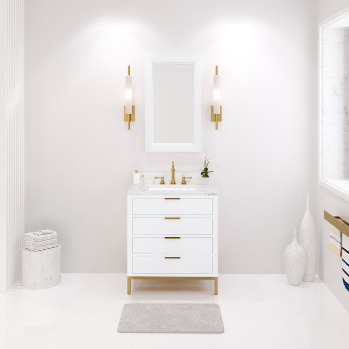 Water Creation Bristol Bristol 30 In. Single Sink Carrara White Marble Countertop Bath Vanity in Pure White with Satin Gold Hook Faucet