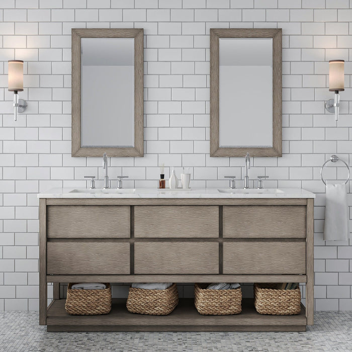 Water Creation Oakman 72" Double Sink Carrara White Marble Countertop Bath Vanity in Grey Oak with Chrome Faucets and Mirrors
