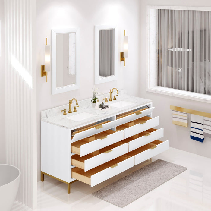 Water Creation Bristol Bristol 72 In. Double Sink Carrara White Marble Countertop Bath Vanity in Pure White with Satin Gold Hook Faucets