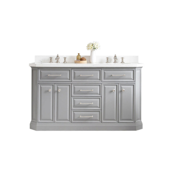 Water Creation Palace 60"" Palace Collection Quartz Carrara Cashmere Grey Bathroom Vanity Set With Hardware And F2-0013 Faucets in Polished Nickel PVD Finish PA60QZ05CG-000FX1305