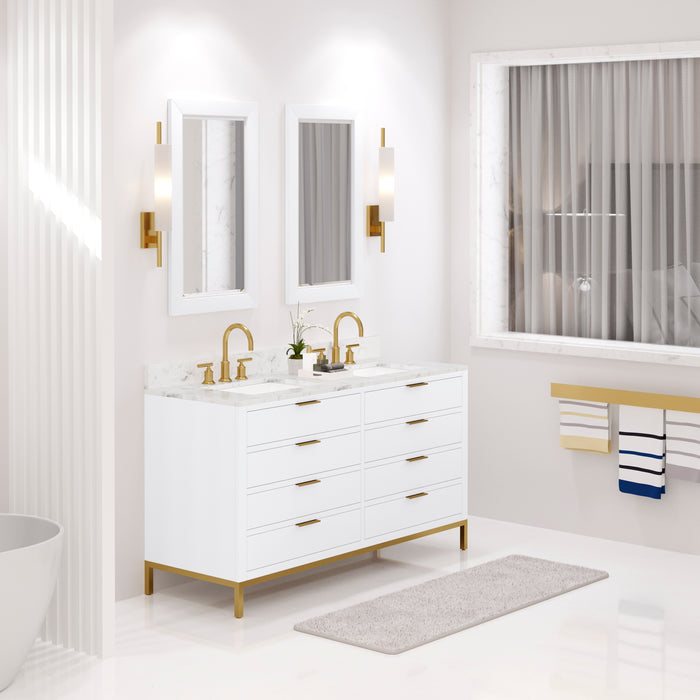 Water Creation Bristol Bristol 60 In. Double Sink Carrara White Marble Countertop Bath Vanity in Pure White with Satin Gold Gooseneck Faucets and Rectangular Mirrors S