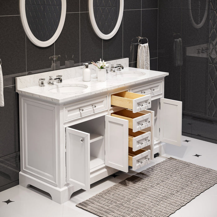 Water Creation Derby 60 Inch Pure White Double Sink Bathroom Vanity With Matching Framed Mirrors And Faucets From The Derby Collection DE60CW01PW-O21BX0901