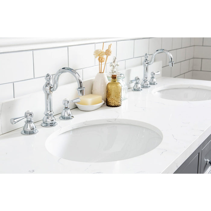 Water Creation Queen Queen 60-Inch Double Sink Quartz Carrara Vanity In Cashmere Grey With Matching Mirror s and F2-0012-01-TL Lavatory Faucet s QU60QZ01CG-Q21TL1201