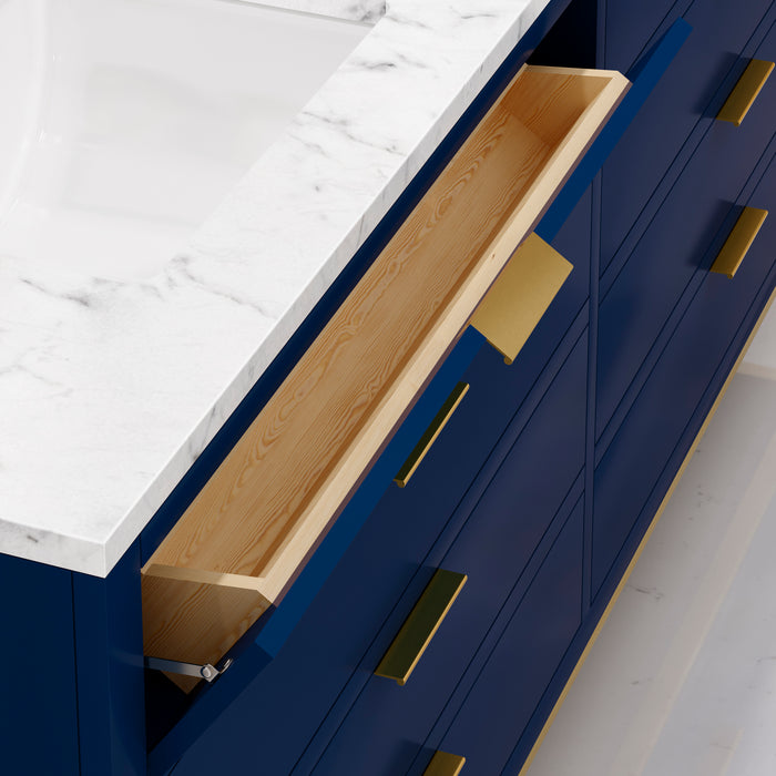 Water Creation Bristol Bristol 72 In. Double Sink Carrara White Marble Countertop Bath Vanity in Monarch Blue with Satin Gold Hook Faucets and Rectangular Mirrors S