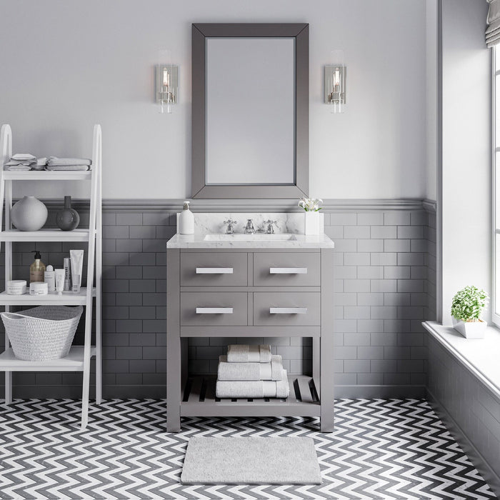 Water Creation Madalyn 30 Inch Cashmere Grey Single Sink Bathroom Vanity With Matching Framed Mirror And Faucet From The Madalyn Collection MA30CW01CG-R24BX0901