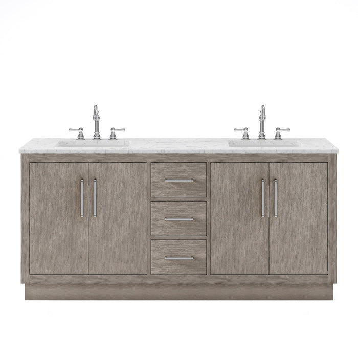 Water Creation Hugo 72" Double Sink Carrara White Marble Countertop Vanity in Grey Oak