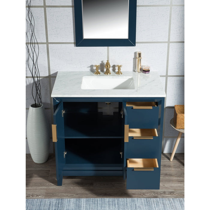 Water Creation Elizabeth Elizabeth 36-Inch Single Sink Carrara White Marble Vanity In Monarch Blue With Matching Mirror s EL36CW06MB-R21000000