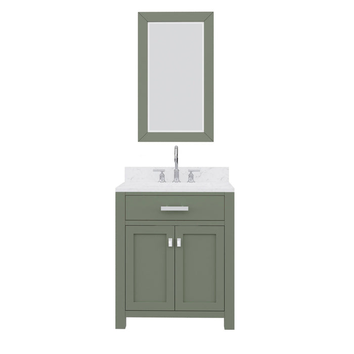 Water Creation Madison 30" Single Sink Carrara White Marble Countertop Vanity in Glacial Green with Gooseneck Faucet and Mirror