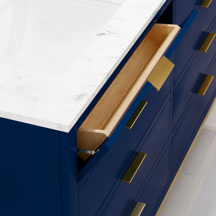 Water Creation Bristol Bristol 60 In. Double Sink Carrara White Marble Countertop Bath Vanity in Monarch Blue with Satin Gold Hook Faucets and Rectangular Mirrors S