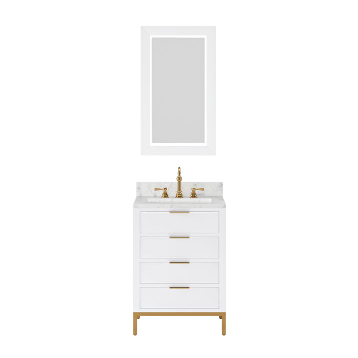 Water Creation Bristol Bristol 24 In. Single Sink Carrara White Marble Countertop Bath Vanity in Pure White with Satin Gold Hook Faucet and Rectangular Mirror S